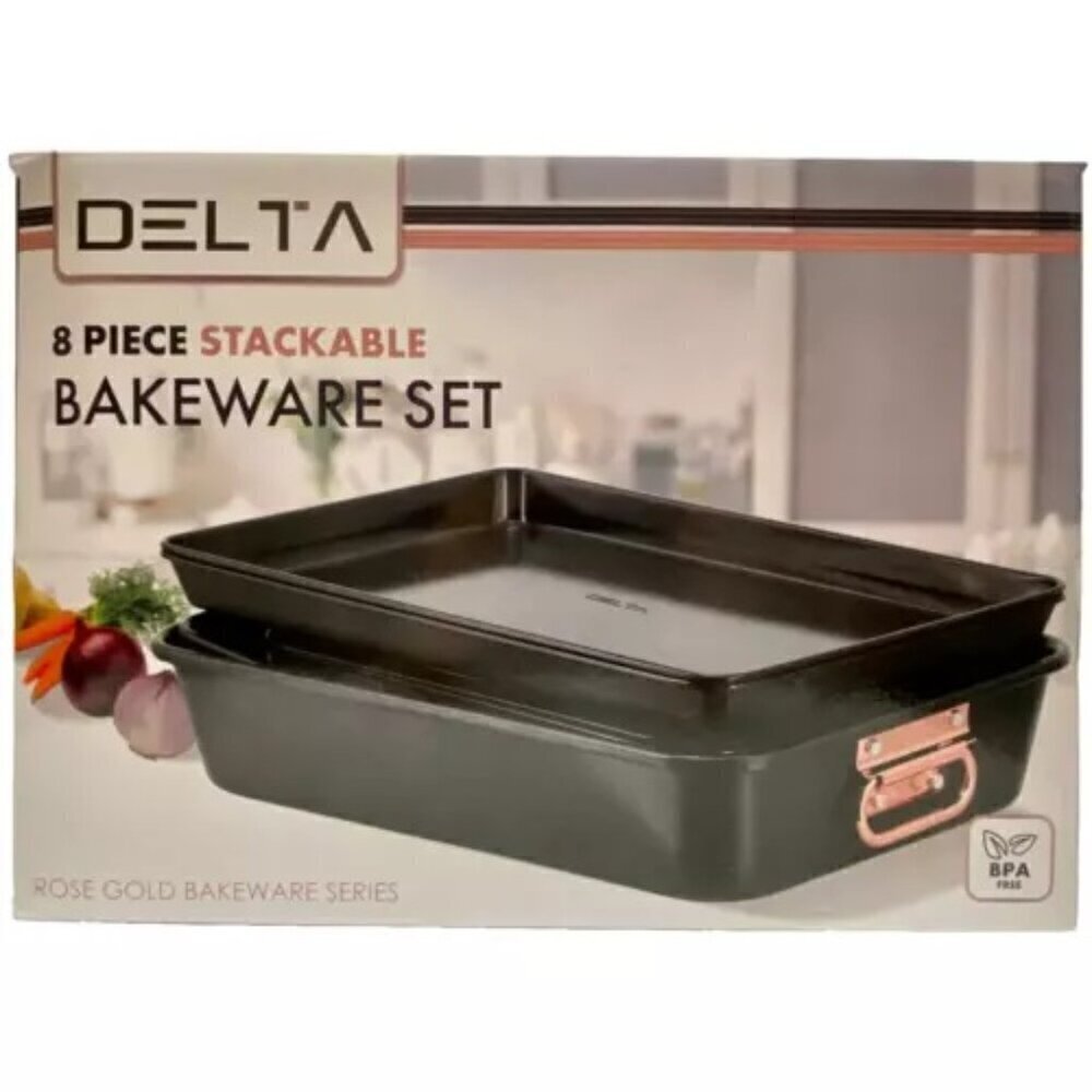 Delta 8 Piece Nonstick Stackable Bakeware‎ Set Matte Black Rose Gold Trim NIB